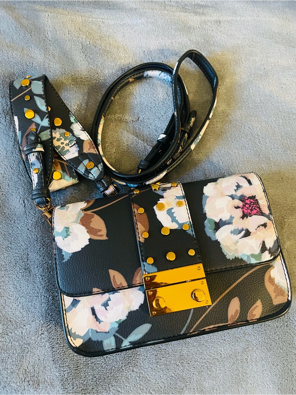 Black Floral Crossbody Bag with Gold Plate & Detachable Strap
